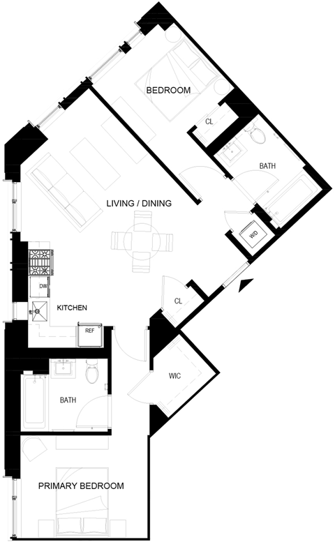 Floor plan for 2 beds, 2 baths, 804 sqft